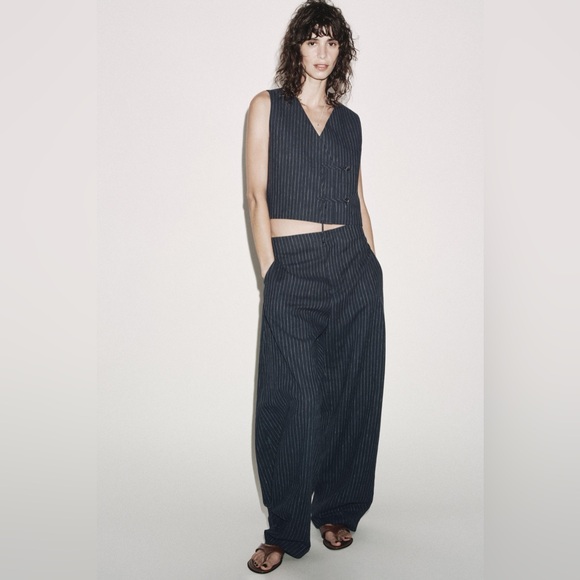 ZARA Balloon Navy Linen Blend Pinstripe Trouser NWT